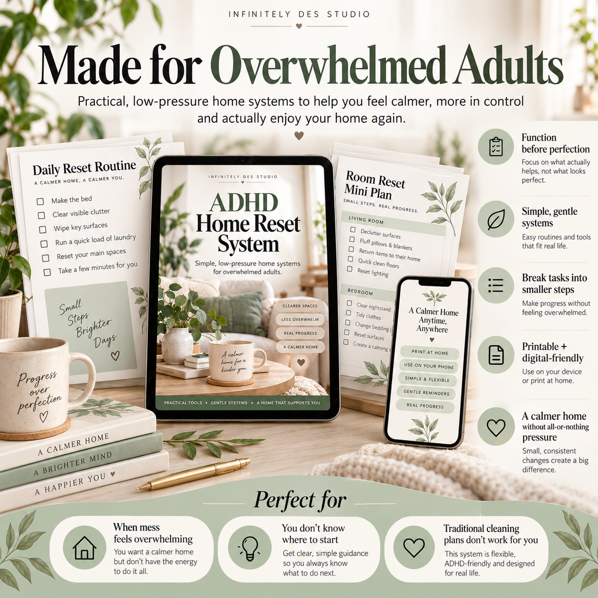 ADHD Home Reset System benefits mockup for overwhelmed adults