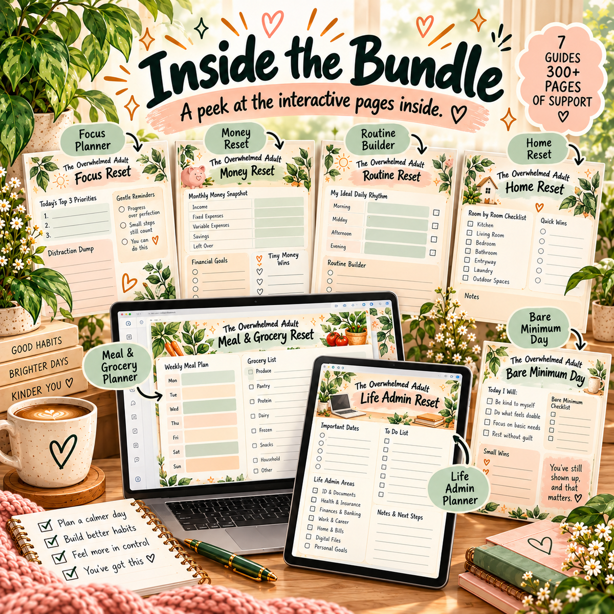 Inside the bundle preview showing interior-style pages from several interactive guides on tablet and laptop