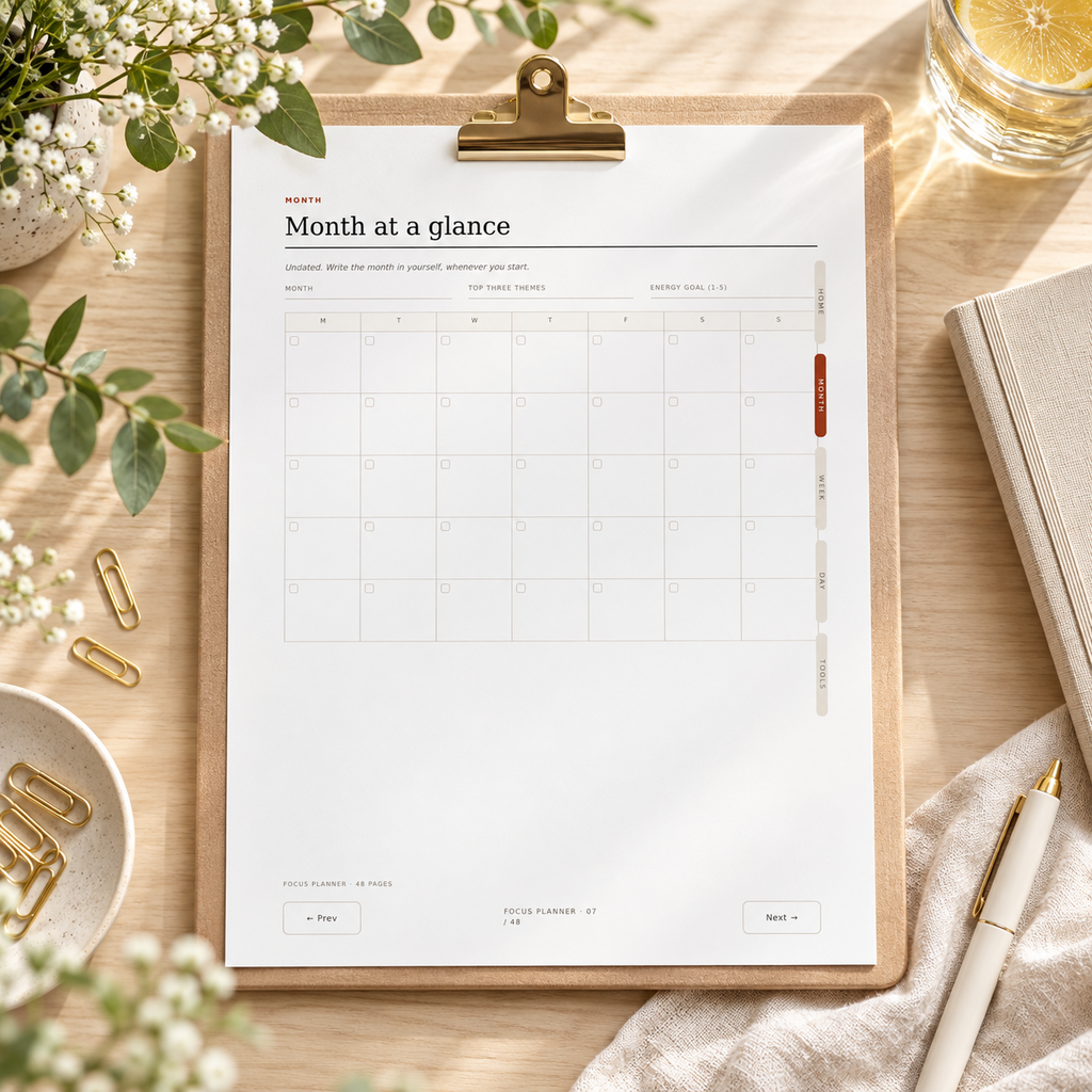 The Daily Focus Planner month at a glance printable mockup