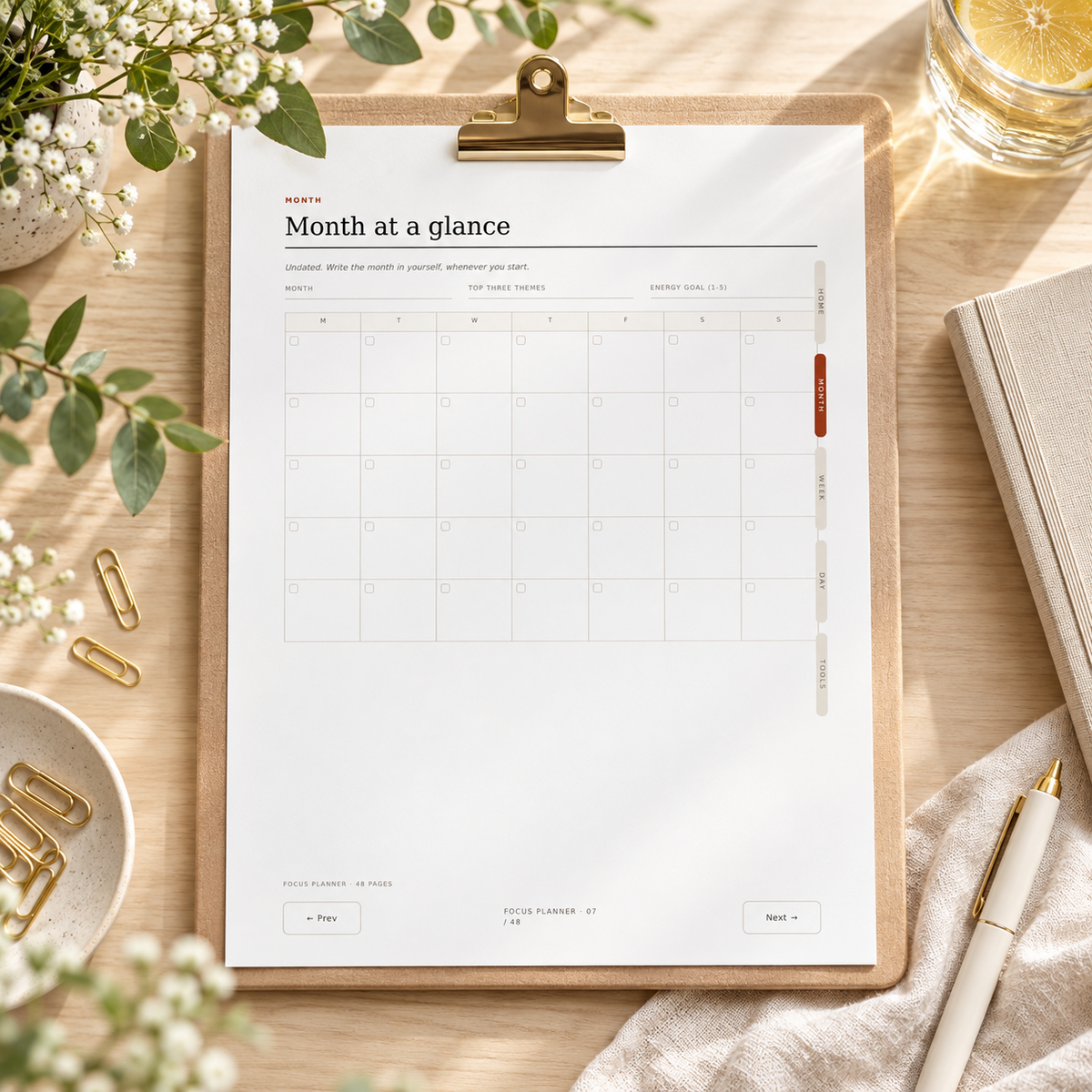 The Daily Focus Planner month at a glance printable mockup