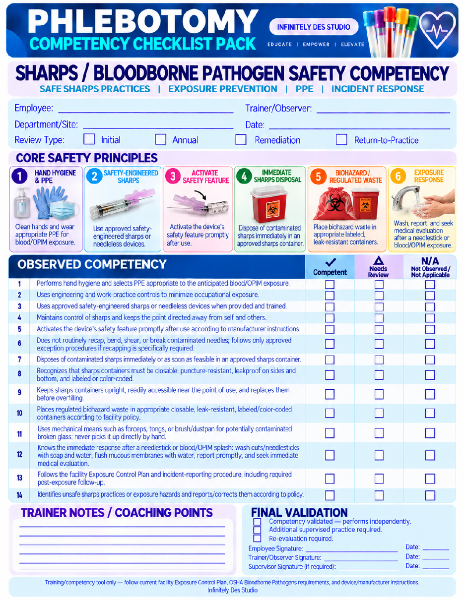 Sharps and Bloodborne Pathogen Safety competency checklist preview
