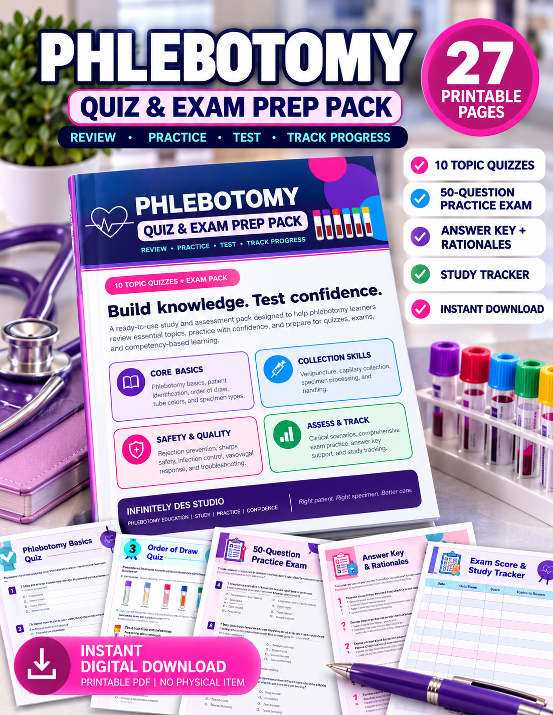 Phlebotomy Quiz and Exam Prep Pack 27-page printable bundle